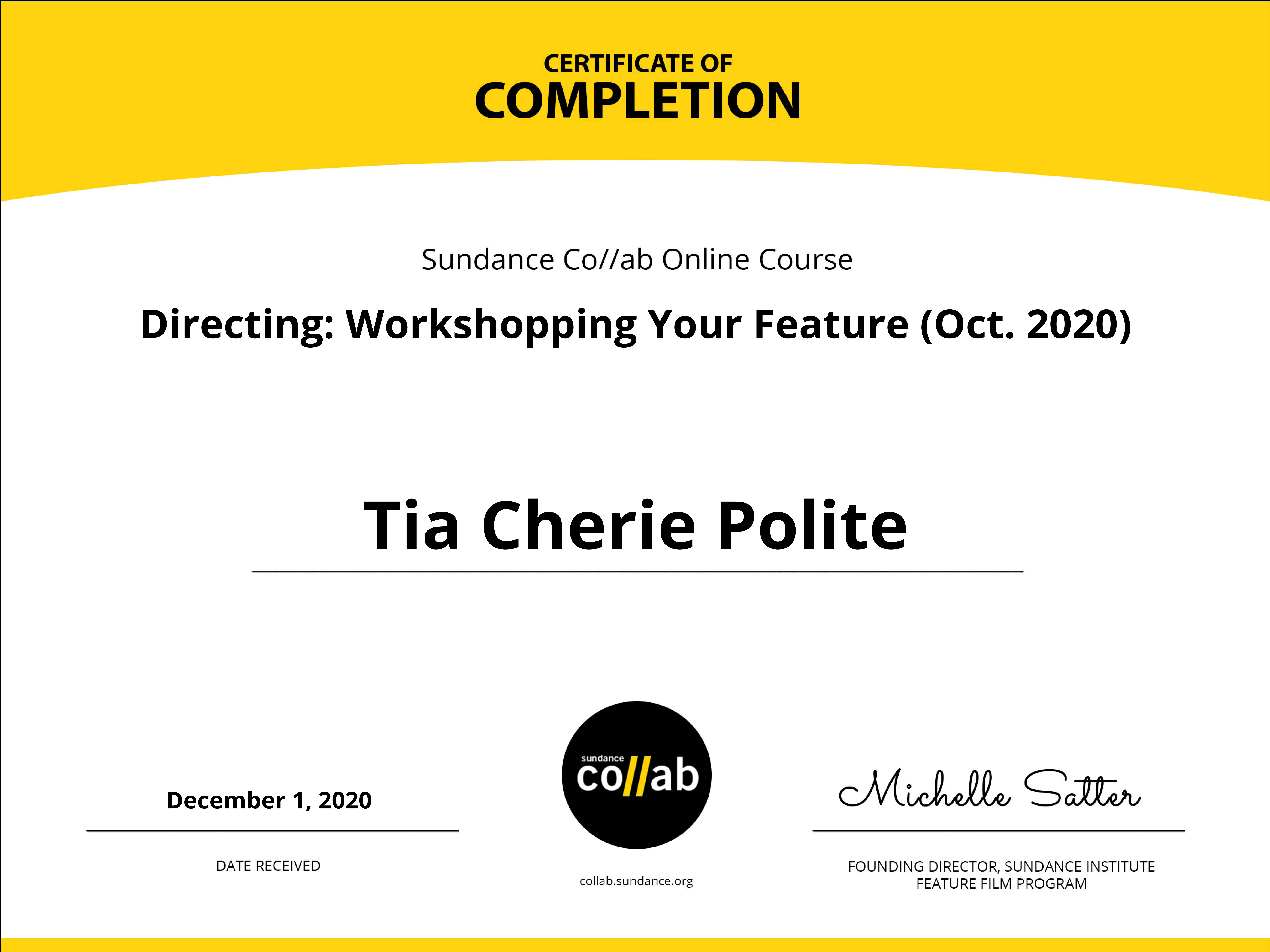 Sundance Collab Certificate for TCP Sundance Collab Certificate for TCP